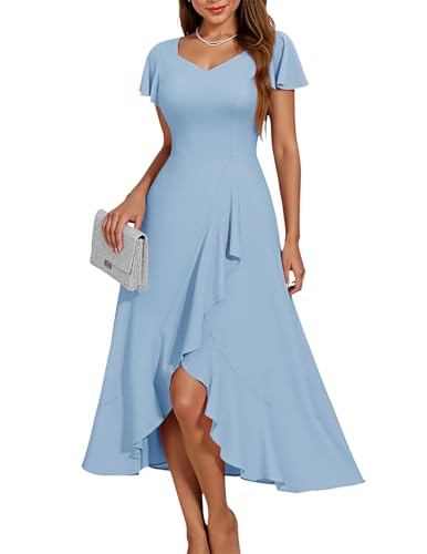 Image of HomRain V Neck Formal Wedding Guest Dresses for Women Ruffle Sleeves for Cocktail Graduation Modest Dress