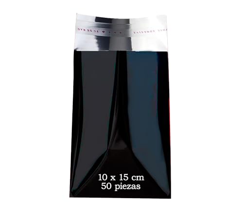 100 Sobres Metalizados Negro con cierre Autoadhesivo Bolsa metalizada Colores para regalo oficina e invitaciones Invitados de Boda Tarjeta Eventos (Negro Brillo, 10 x 15 cm (50 pcs))