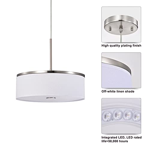 Pendant Light, Brushed Nickel Drum Linen Fabric Shade, 14 inch 25watts LED 1200lumens 3000K 3500K 4000K Switchable 90CRI Dimmable, 72 inch Hanging Cable, Pendant Chandelier for Kitchen Island - Image 6