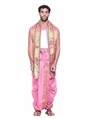 Image of Rameshwaram Fabrics Readymade Dhoti for Men, Velcro Style Stitched Mens Silk Dhoti Pant with Stole Set