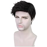 HUNIGIR Mens Black Wig Short Straight Black Wig Layered Male Wig Heat Resistant Synthetic Hair Replacement Wig with Wig Cap (Black)