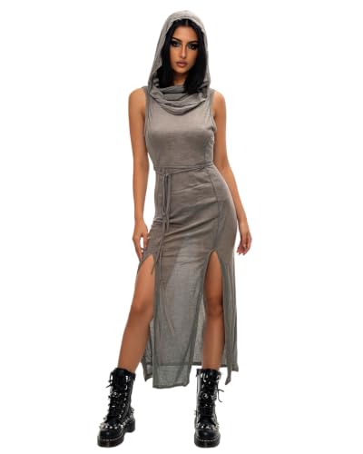 Image of Women's Gothic Sleeveless Hooded Dress Y2K Side Split Hollow Out Midi Dress Bodycon Cocktail Party Club Dresses
