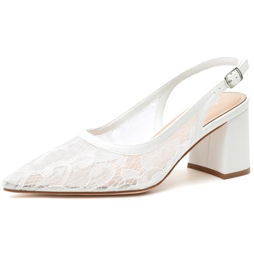 Mostrin White Lace Block Slingback Heels