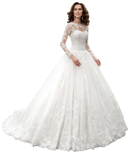 Elegant Long Sleeve Wedding Dresses for Bride 2025 Lace Appliques Illusion V Neck Bridal Gown with Chapel Train DI011