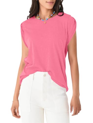Imily Bela Damen T-Shirts Mütze Rollämel Tanktops Rundhalsausschnitt Lässige Sommer Basic Tops Blusen., Rosa., L
