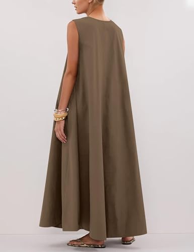 Image of OLAPTA Women Summer Sleeveless Maxi Dress Scoop Neck Ruched Loose Fit Casual Elegant Solid Vacation Long Dress with Pockets