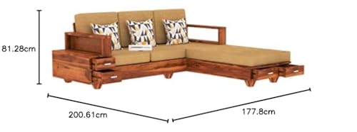 Image of Solid Sheesham Wood L Shape 5 Seater Sofa Set for Living Room, Wooden 5 Seater L Shape Sofa Set with Cushions (L Shape, Honey Finish)