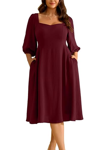 Image of RWJ Plus Size Dress for Women Fall 3 /4 Sleeve Sweetheart Neck Aline Casual Wedding Guest Formal Midi Dresses with Pockets