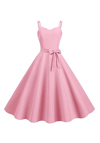 Yming Frauen Sommer Casual Schöne Slip Kleid Ärmellos Hepburn Swing Kleid Solide Abschlussball Kleid mit Schleife Rosa M