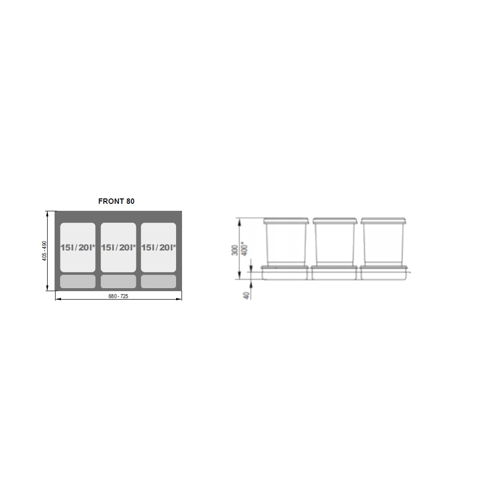Abfalltrennsystem für Schubladen Mülltrennsystem Abfalltrennsystem müllsystem küche mit 2, 3, oder 4-Fach Trennung für Schubladen 60 80 90cm (80cm 3x15L 3xKunststoffschale)