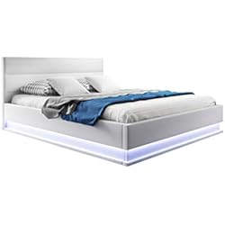 Canapé Abatible Polipiel 150 X 190 MB Muebles Bonitos Cama canapé abatible de Matrimonio Moderna Nitas con somier de láminas para colchón de 150x190cm Blanco diseño Italiano con LED Blanco Azulado