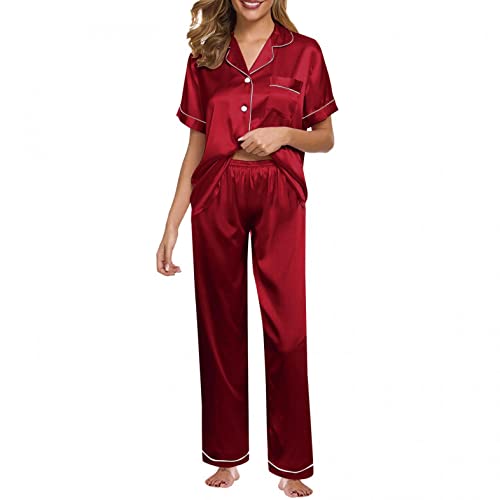 Conjunto de pijama de satén suave manga larga ropa de dormir señoras botón abajo acogedor ropa de dormir ropa de dormir conjuntos de pijama, rosso, 5XL