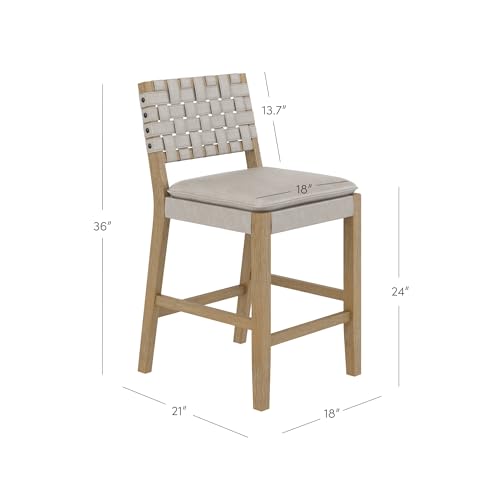 Image of Nathan James Cohen Coastal Bar Stool, Wood Counter Height Leather Bar Stool with Back for Kitchen Island, Taupe