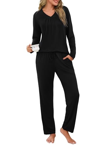 Uniexcosm Pijamas de Mujer Largo Invierno Pijama para Mujer Algodón Conjunto de 2 Piezas Manga Larga en Cuello en V Top y Pantalones Negro XL Uniexcosm Pijamas de Mujer Largo Invierno Pijama para Mujer Algodón Conjunto de 2 Piezas Manga Larga en Cuello en V Top y Pantalones Negro XL
