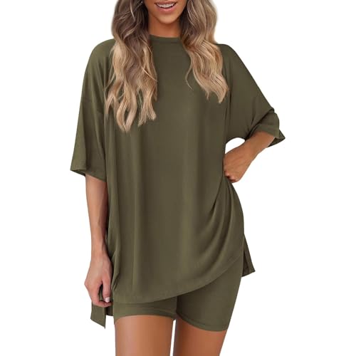 Two Piece Lounge Sets for Women 2026 Summer Casual Oversized Shirts Biker Shorts Matching Set Wine Festival Outfits for Women Travel Outfits