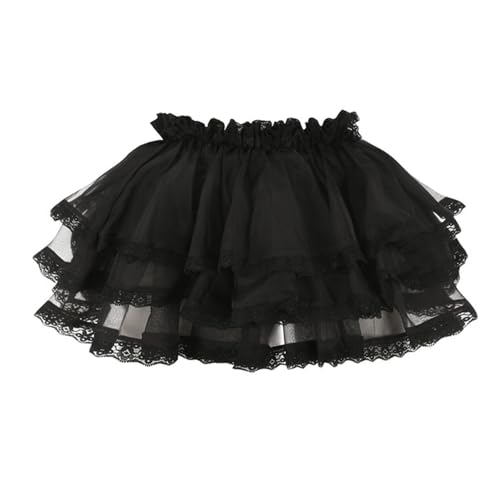 Women Lace Trim Mini Skirts Solid Color Elastic Waist Short Skirts Mesh Tulle Layered Ruffle Skirts Streetwear