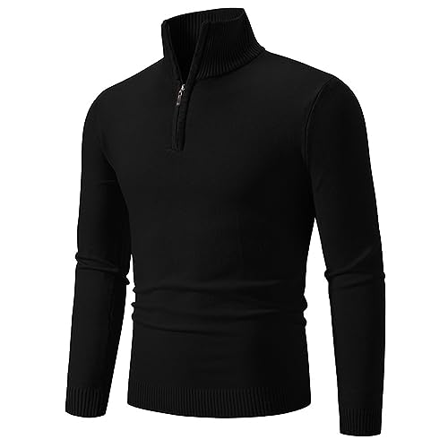 Mens Turtleneck Pullover Ribbed Knitted Sweaters Quarter Zipper Long Sleeve Mock Neck Casual Sweater Warm Tops