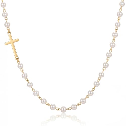 NORBU Cross Necklace for Women 925 Sterling Silver 18K Gold Plated Womens Cross Necklace Pearl Chain Sideways Cross Pendant Dainty Christian Jewelry Adjustable 16+2 Catholic Religious Gift for Her Gold - Sideways Cross