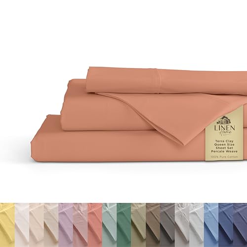 Image of Linen Home 100% Cotton Percale Sheets Queen Size, Tera Clay, Deep Pocket, 4 Pieces Set - 1 Flat, 1 Deep Pocket Fitted Sheet and 2 Pillowcases, Crisp Cool and Strong Bed Linen