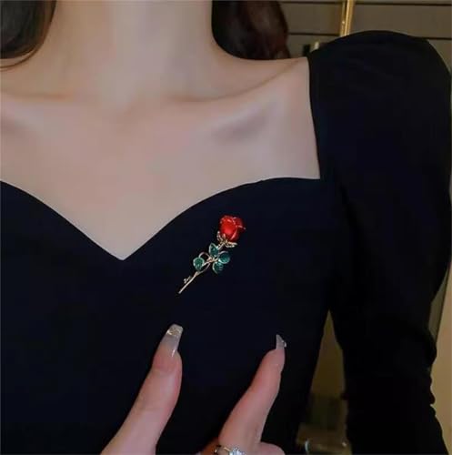Rose Flower Brooch Elegant Red Rhinestone Crystal Rose Lapel Pin Dress Accessories Jewelry-red C - Thumbnail 2