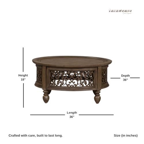 Image of Wooden Carved Coffee Table for Living Room | Center Table for Living Room Furniture | Solid Wood Round Tea Table for Home | Durable & Stylish Coffee Table for Home, Bedroom & Office (Walnut)
