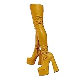  WOkismD Overknee-Stiefel für Damen, Plattform, klobiger Block, hoher Absatz, runde Zehen, Reißverschluss, Enge hohe Stiefel, Gothic-Punk-Motorrad-Kampfstiefel, Anzugschuhe,Gelb,43
