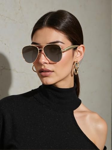 Image of Oversized Aviator Sunglasses For Women 70s Retro 2025 Metal Shades with Gold Streamline Arms