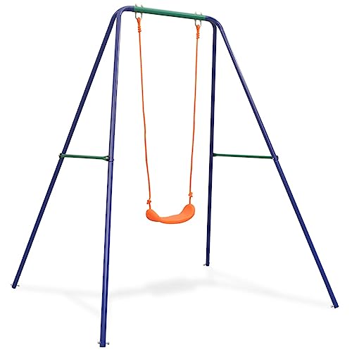 GeenYuu Columpio individual naranja de acero y plástico, 160 x 147 x 180 cm, con asiento ergonómico, resistente a la intemperie y altura regulable, incluye accesorios de montaje para jardín, parque