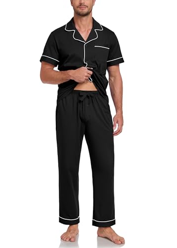 Image of COLORFULLEAF 100% Cotton Mens Pajamas Set Short Sleeve Loungewear with Long Pants Button Down Sleepwear Soft Comfy Pj for Men
