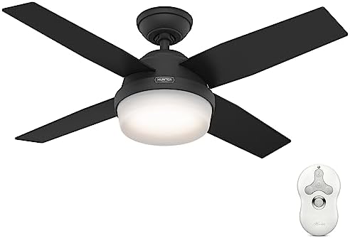 Hunter 44 inch Indoor Ceiling Fan with LED Light and Remote Control - Black Modern Ceiling Fan, Standard Mount, 4 Blades, for Bedroom, Living Room, or Kitchen - Dempsey 52391, Matte Black