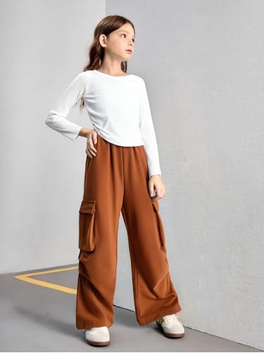 Image of Azmxynol Girls Clothes 2 Piece Outfit Ribbed T-Shirt Top + Cargo Pants, Girls Fall Clothing Set, Sizes 5-16 Years