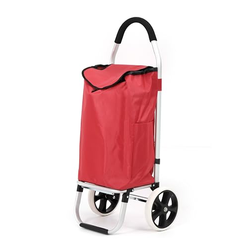 43.5Liter Aluminium Trolley Einkaufstrolley Klappbar, Shopping Trolley, Wasserabweisender Einkaufswagen Faltbar, Einkaufstasche mit 2 Rädern, Einkaufskorb mit Rollen, Groß - Rot