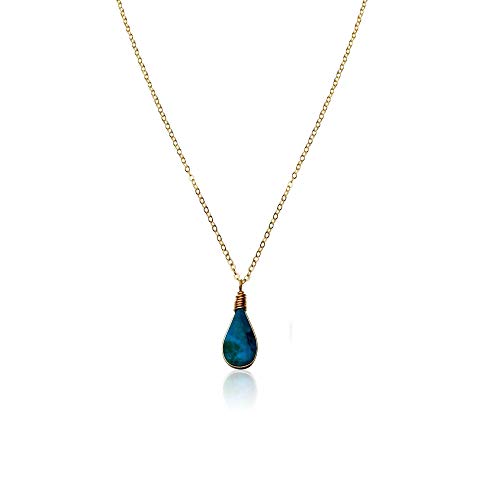 Chrysocolla Necklace Gold Fill Teardrop Stone Pendant with Dainty Chain in 16 Inch 18 Inch or 20 Inch Length - Handmade Delicate Minimalist Authentic Crystal Gemstone Jewelry by Rumi Sumaq
