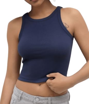 sxv style Women's Sleeveless Crop Top, Navy Blue, Athletic Racerback Tank-picture-19