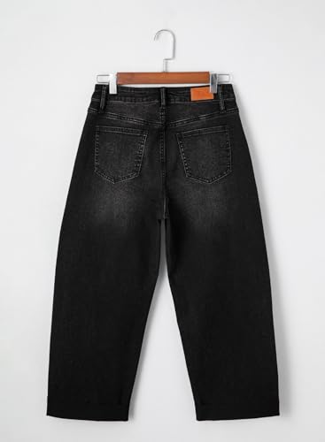 Image of Sidefeel Barrel Jeans for Women High Waisted Wide Leg Baggy Stretchy Trendy Raw Rolled Hem Capri Cropped Ankle Denim Pants