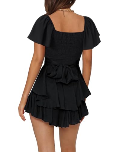 Image of Rooscier Women's Jumpsuit Short Sleeve Ruffle Layer Square Neck Tie Mini Short Rompers