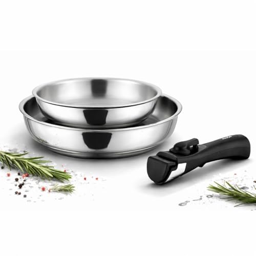 Cflagrant Set de 2 Poêles Inox 18/10 - (avec ou sans) Manche Amovible – Sans PFAS, Sans PTFE, Sans PFOA – Compatible Induction, Four & Lave-Vaisselle –...