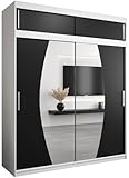 ABIKSMEBLE Elypse 200 Armario de Dormitorios con Tres Puertas Correderas - Armario de Almacenamiento Moderno con Espejo, Perchero y Estantes - 200x240x62 cm - Blanco Mate + Negro Mate con Extensión