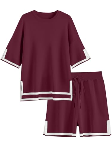 Image of Ekouaer Womens Knit Lounge Set 2 Piece Sweater Sets Short Sleeve Sweatsuit Pullover Tops