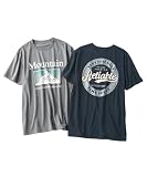 [ニッセン] 半袖プリントTシャツ2枚組(カジュアルロゴ柄)【大きいサイズ有】 クロ杢+ネイビー 6L
