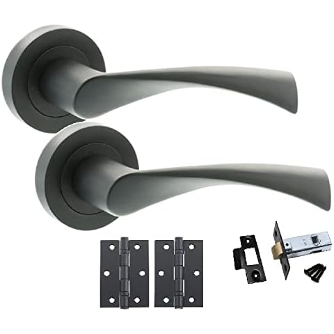 Golden Grace 1 Set Astrid Twist Design Matt Black Finish Door Handles On Rose with Black Ball Bearing Hinges and Black 64mm Tubular Latch Cover