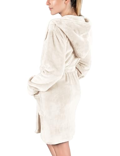 Gräfenstayn Bademantel Damen flauschig mit Kapuze - Kuschelfleece - Öko-Tex Standard 100 - Morgenmantel leicht & kurz - Größe (S, Creme)