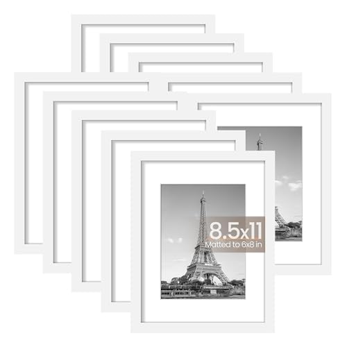Image of upsimples 8.5x11 Picture Frame Set of 10, Display Pictures 6x8 with Mat or 8.5x11 Without, Multi Photo Frames Collage for Wall or Tabletop Display, White