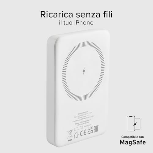 SBS PowerBank 5K MagSafe Wireless, 5.000mAh, Power Bank con Ricarica Rapida, Magnetico, Intelligent Charge (IC), LED di Carica, USB-C, Caricabatterie Portatile da Viaggio, Design Compatto, Bianco - Immagine 3