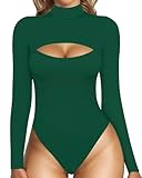 MANGOPOP Mock Neck Sexy Cutout Front T Shirt Sleeveless Long Sleeve Short Sleeve Bodysuit for Women (Long Sleeve Deep Green, Large)