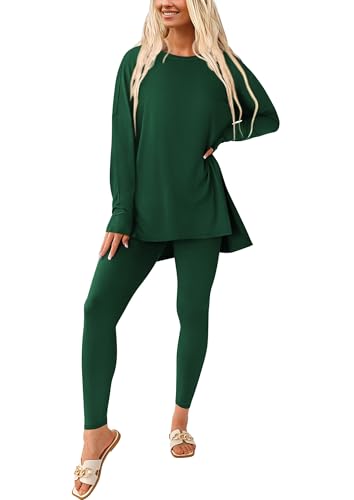 PRETTYGARDEN Women's 2 Piece Outfits Matching Lounge Sets,Dark Green,S