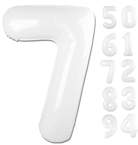 Image of White 7 Balloon, Translucent Number Balloons 40 Inch, 7th Birthday Decorations, White Party Decoration for Women Men, Number 7 Balloon