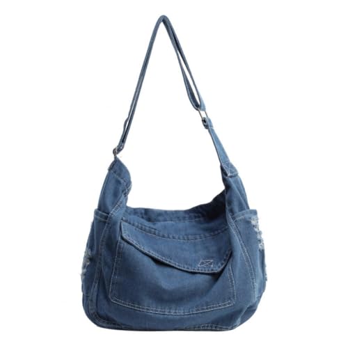 Image of Womens Denim Shoulder Hobo Handbag Canvas Jean Cross Body Bag Leisure Daily Travel Bag Shopping Bag,Light Blue