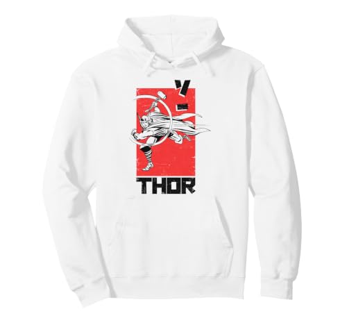 Image of Marvel Thor Swings His Hammer Action Portrait & Kanji Text Pullover Hoodie