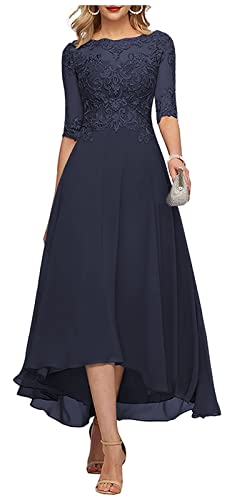 HANVAIOS Tea Length Mother of The Groom Dresses Long Chiffon Lace Applique Formal Gown Navy Blue Size 14